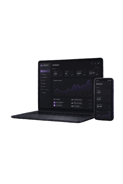 Nexium wedding hall management dashboard on laptop and mobile